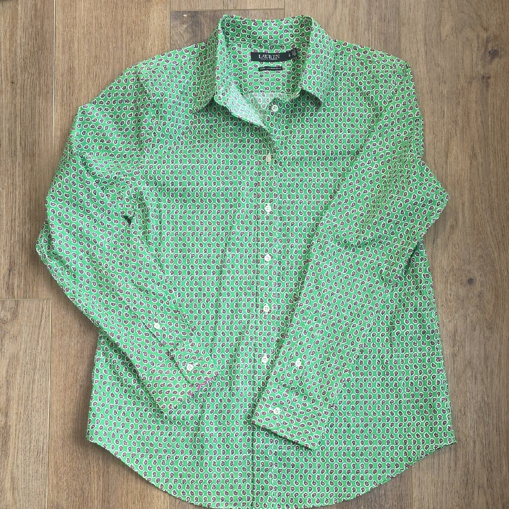 Lauren Ralph Lauren Black Label Button Down Shirt Green/Pink Paisley Lg Women's